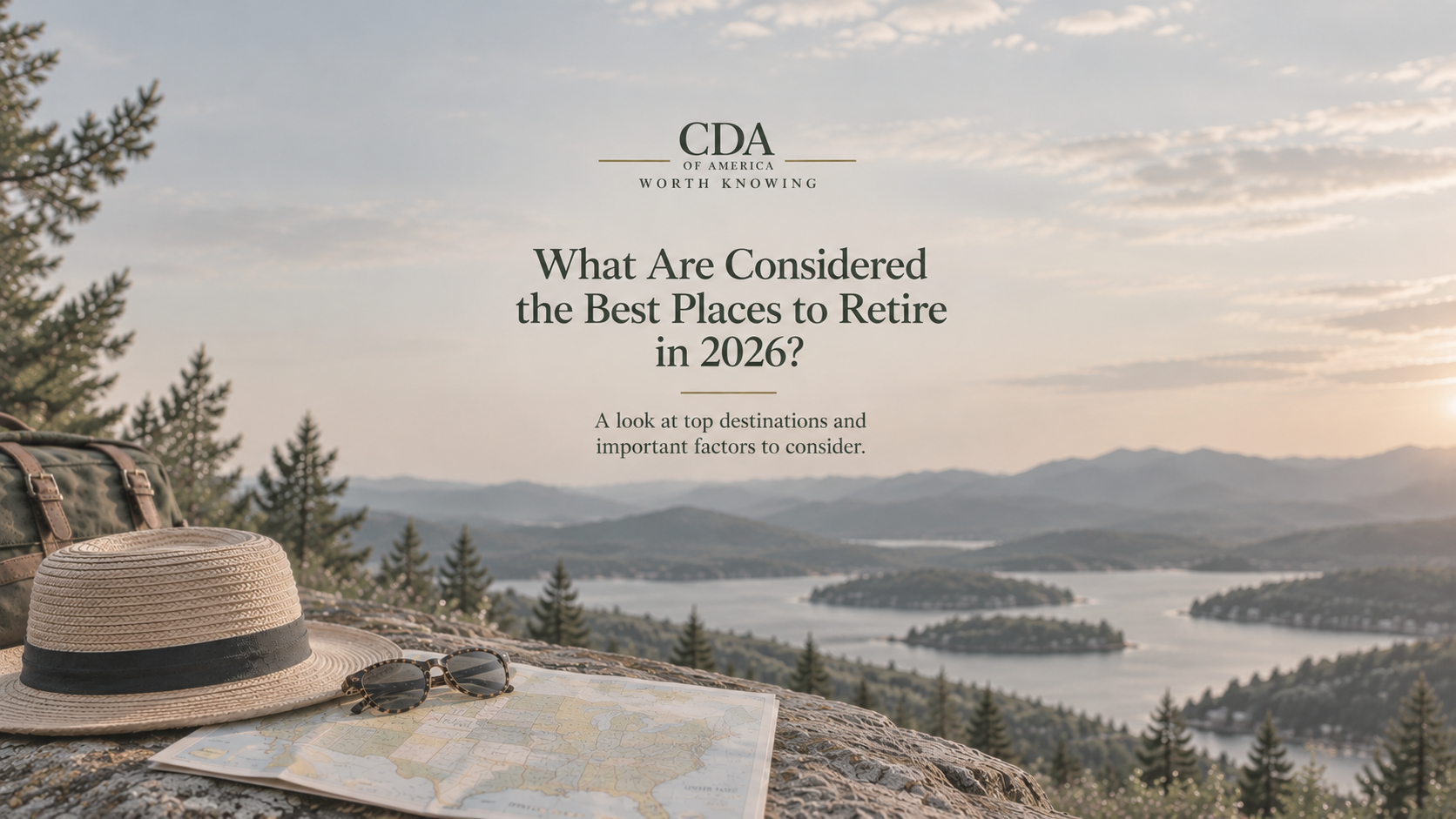 Straw hat, sunglasses and U.S. map overlooking a scenic mountain lake, representing places to consider for retirement in 2026.