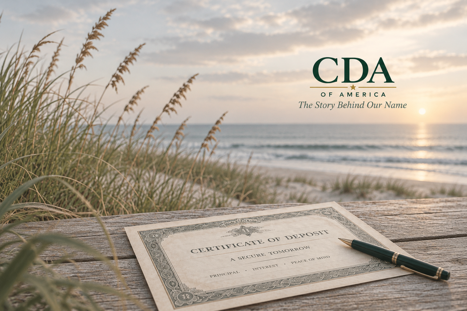 Certificate of deposit document with CDA of America branding and a muted coastal background.