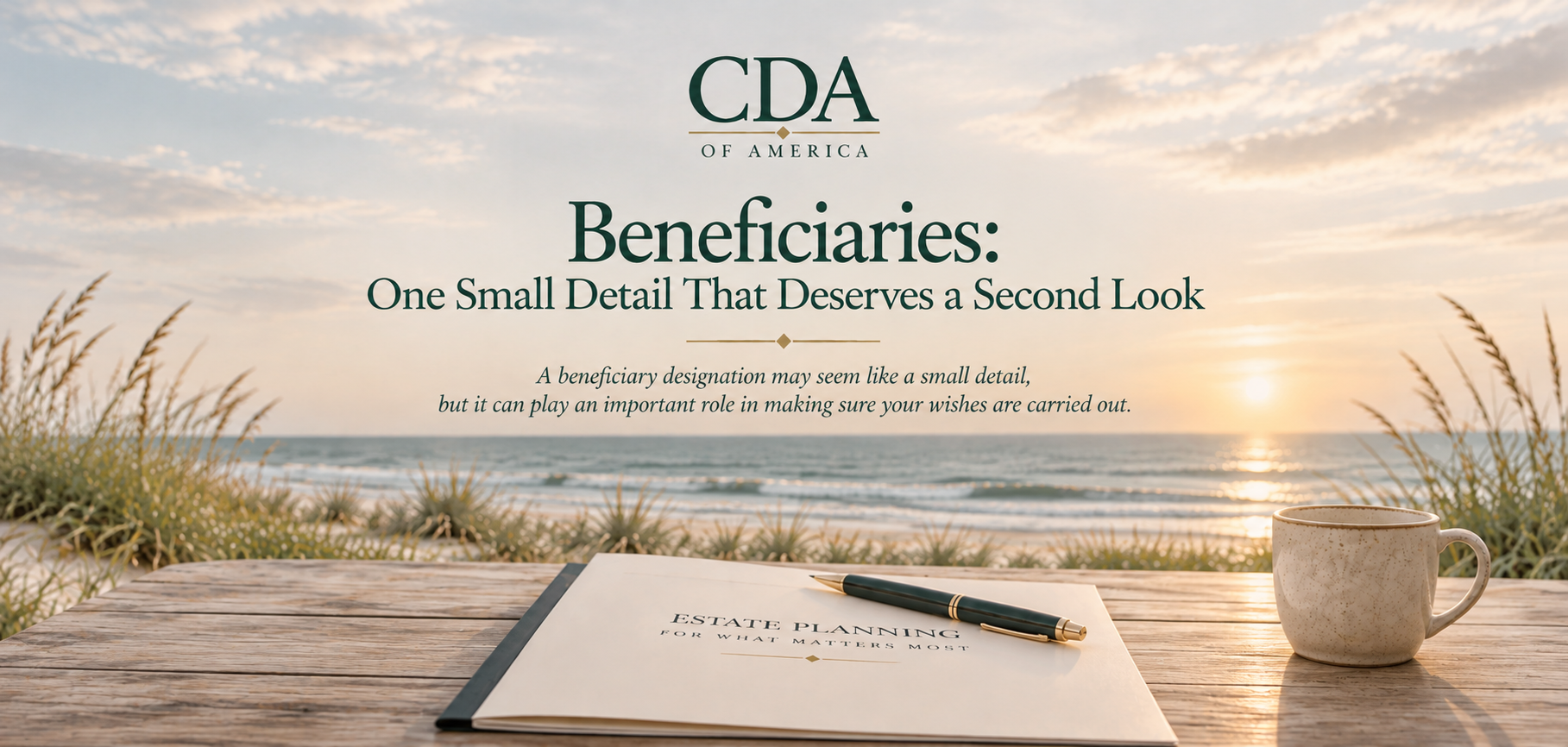 CDA of America beneficiary planning graphic featuring estate planning documents and a pen overlooking a peaceful beach, highlighting the importance of reviewing beneficiary designations.