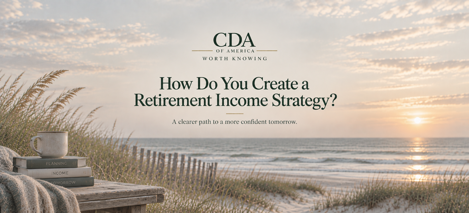 Muted coastal beach scene with CDA of America Worth Knowing branding for an article about creating a retirement income strategy.